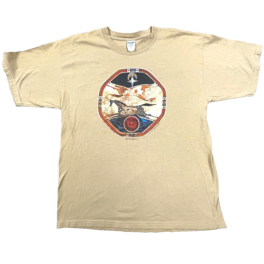 Vintage Rob McClellan Shirt Men XL Tan Tee Native American Artist Aztec Y2K RARE